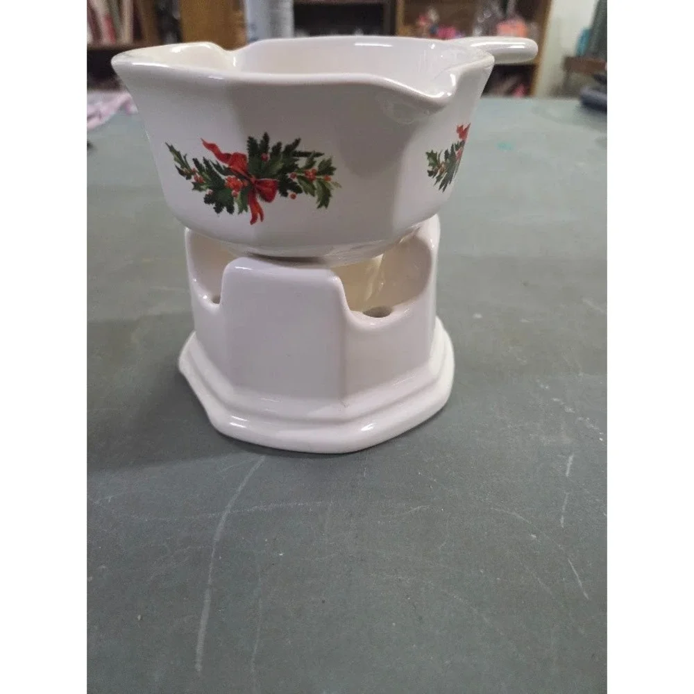 Pfaltzgraff Christmas Holly Ceramic Butter Warmer with Stand White